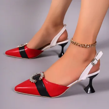 Обувка за жени Цветни заострени сандали Жени Лято Нова елегантна тънка пета високи токчета Мода Кожена обувкаТуфли Женские Sandalias