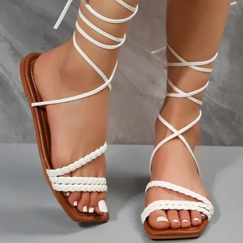 Обувки за жени 2023 Лятна мода отворени сандали с плоски пръсти Секси плътен цвят дантела нагоре плажни сандали за жени Zapatillas De Mujer