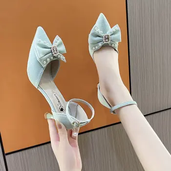 Обувки за жени 2023 Мода Pearl Bowknot Дамски помпи Заострени пръсти глезена каишка високи токчета тънки токчета сватба абитуриентски обувки Дами