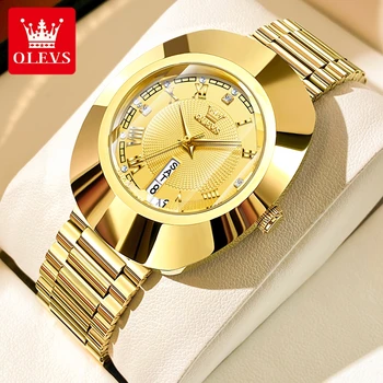 Оригинална марка OLEVS Златен часовник за жени Луксозен елегантен стоманен кварцов квадратен ръчен часовник с дата водоустойчиви дамски часовници подарък