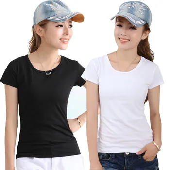 Основна тениска жени къс ръкав O-образно деколте случайни Camiseta Feminina черно бяло памук лято плътен цвят T риза тънък тениска