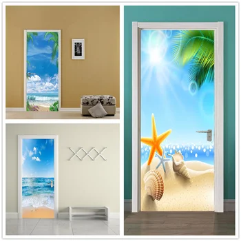Персонализиран 3D тапет Изглед към океана плаж нощен изглед врата стикер PVC пейзаж винил водоустойчив стена стикер врата стикер