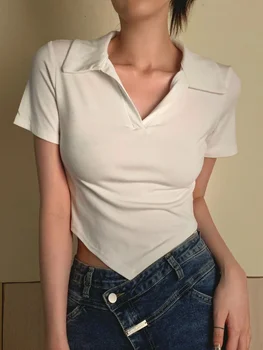 Предно рамо късо тънко поло ревера тениска с къс ръкав Дамски летни нередовни дизайн чисти кроп върхове женски тениски