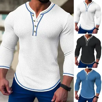 Пролетна мъжка тениска копчета Хенри яка цвят съвпадение тънък годни дълъг ръкав топло вафла текстура случайни средата дължина пуловер отгоре