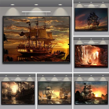 Реколта пиратски кораб черен ветроходен кораб морски пейзаж платно живопис плакати кораб стена изкуство печат картина за хол дома декор