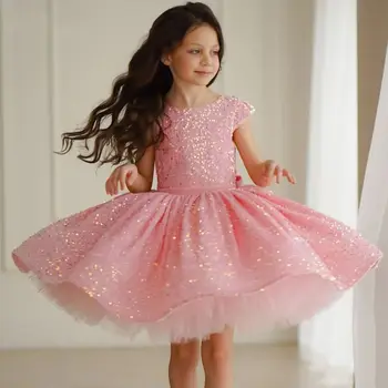 Розово цвете момиче рокли тюл пайети пола с лък къс ръкав за сватба рожден ден банкет принцеса рокли