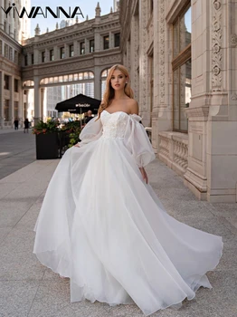 Романтична сватбена рокля с яка Класически апликации Пайети Булчинска роба Грациозна A-line Дълга булчинска рокля Роба De Mariée