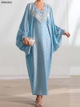 Ръчно шиене Rhinestone мъниста пискюл Batwing ръкав роба светло синьо етнически печат извънгабаритни Дубай марокански кафтан арабски дрехи Eid