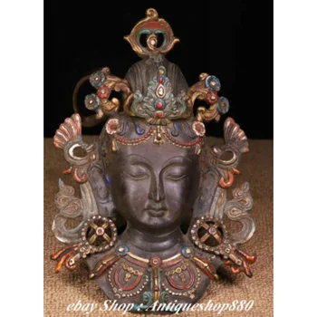 Стар Тибет Чист бронз Живопис Зелена Тара Махаяна Буда маска Божественост статуя