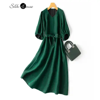 Стара зелена костенурка пукнатини Xiangyun прежда коприна голяма люлка рокля 100% естествена коприна средна дължина рокля