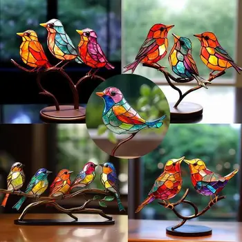 Творчески оцветени акрилни птици Метална птица на клон скулптура Настолни орнаменти за офис хол домашен декор