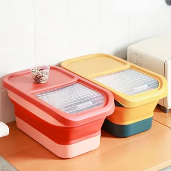 Удобен сгъваем барабан за съхранение на храна за домашни любимци Сгъваем контейнер за котки и кучета - влагоустойчив, зърнена кутия с уплътнителни капаци