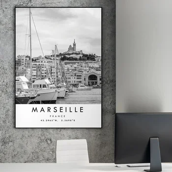 Франция Марсилия Travel City Черно бяло пейзаж платно отпечатани стенописи плакати стена изкуство картини хол Начало декор Cuadros