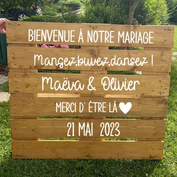 Френски персонализирани сватбени палети Decals Персонализирано име Дата винил стикери BIENVENUE Мариаж сватбено тържество декорация Decal