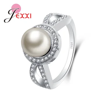 Цена на дребно Прости сватбени перли пръстени за жени лъскав кубичен циркон елегантен 925 стерлинги сребро годишнина парти пръстен