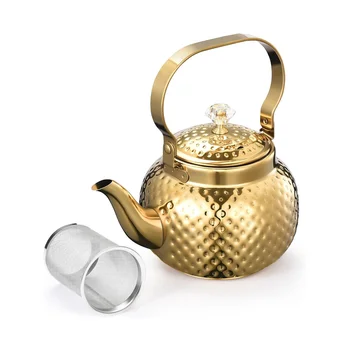  Чайник от неръждаема стомана с инфузер 1.2 L, чайник с подвижен филтър - за филтриране на чай или други чайове, злато