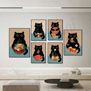 черна котка печат, корейска храна, pho, суши котка, черна котка яде юфка, пица котка, черна котка изкуство, сладък черна котка храна плакат