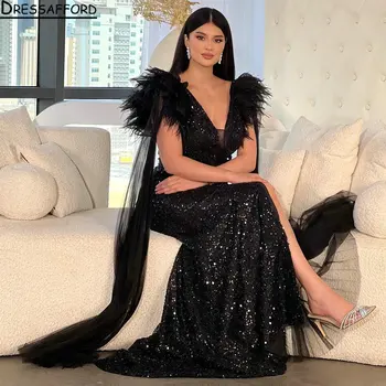 Черно V-образно деколте Sequined Дубай русалка вечерна рокля без ръкави пера панделки Официален парти рокля на Саудитска Арабия
