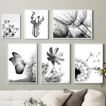 Черно бяло глухарче пеперуда орхидея стена изкуство платно живопис цвете пейзаж плакати и отпечатъци снимки за хол декор