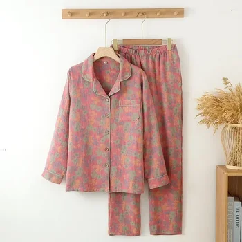 Яка дълъг ръкав дамски комплект пижами носят нова пролет цвете печатни памук завой-надолу панталони жени есен къща реколта