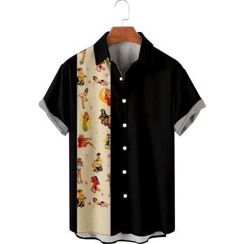 японски стил мъже пачуърк улично облекло хавайски черна риза плажна риза лято къс ръкав хараджуку хип-хоп алоха риза
