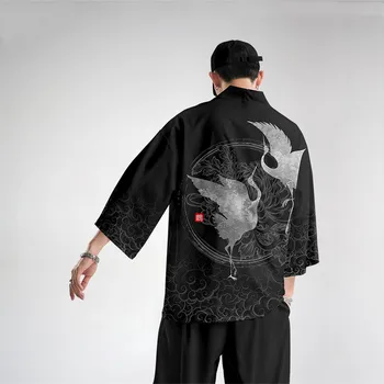 Японско традиционно облекло кран печат кимоно панталони мъже ретро юката азиатска мода Tang костюм Harajuku ханфу юката яке
