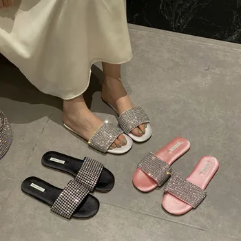 2023 Лятна нова марка жени розов бял чехъл мода Bling кристал плосък петата жени Сандал отворени пръсти открит рокля слайдове обувки