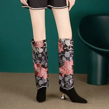 FHANCHU етнически стил жени бродерия коляното ботуши,ретро кожа зимни обувки,висок ток Botas,заострени пръсти,34-43,Dropship