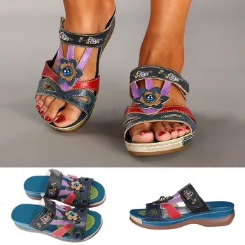 Summer клин чехли Colorblock племенни цветен модел жените платформа слайдове племенни цветен печат сандали жени етнически обувки
