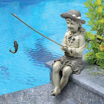 карикатура Фишър момиче фигурка смола рибар седнал поза статуя басейн декор момиче фигурка декор скулптура домашен двор
